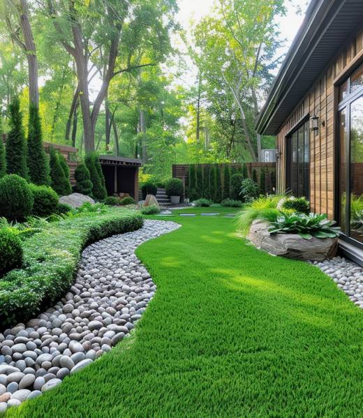 Landscaped Backyard with a Winding Stone Path